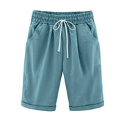 Women's Linen Bermuda Shorts,Bermuda Shorts for Women Knee Length Long Cotton Sweat Knit Shorts Pull On Walking Lounge Shorts with Pocket Sky Blue XXL